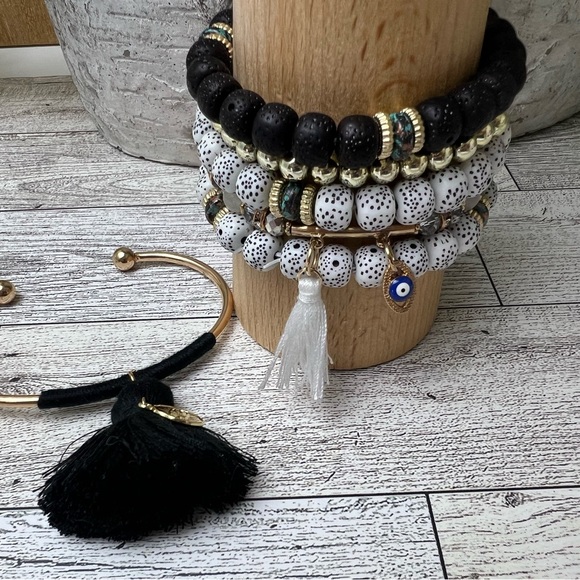 Stylish Boho Chic Gold & Black Stacked Bracelets -Trendy Mixed Style Bracelets - Picture 8 of 17